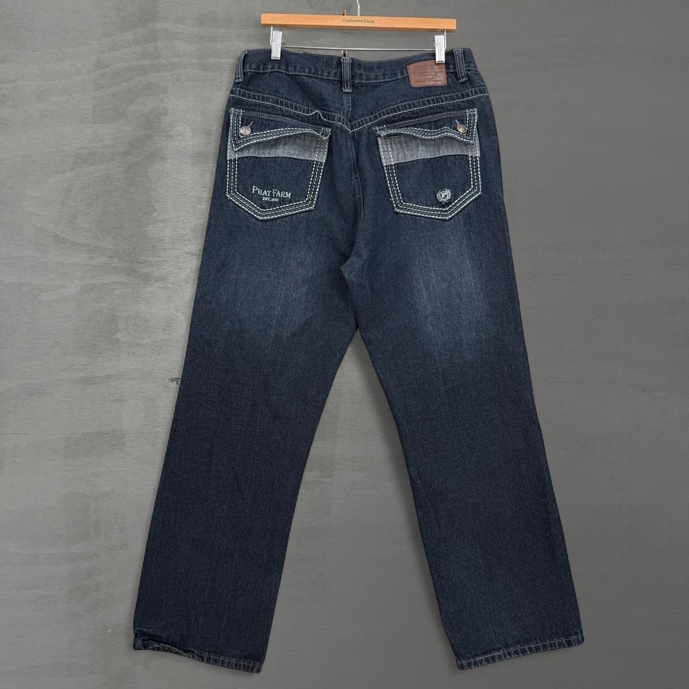 Y2K Phat Farm Flap Pocket Baggy Jeans Dark Wash Embroidered Streetwear 36 x 30